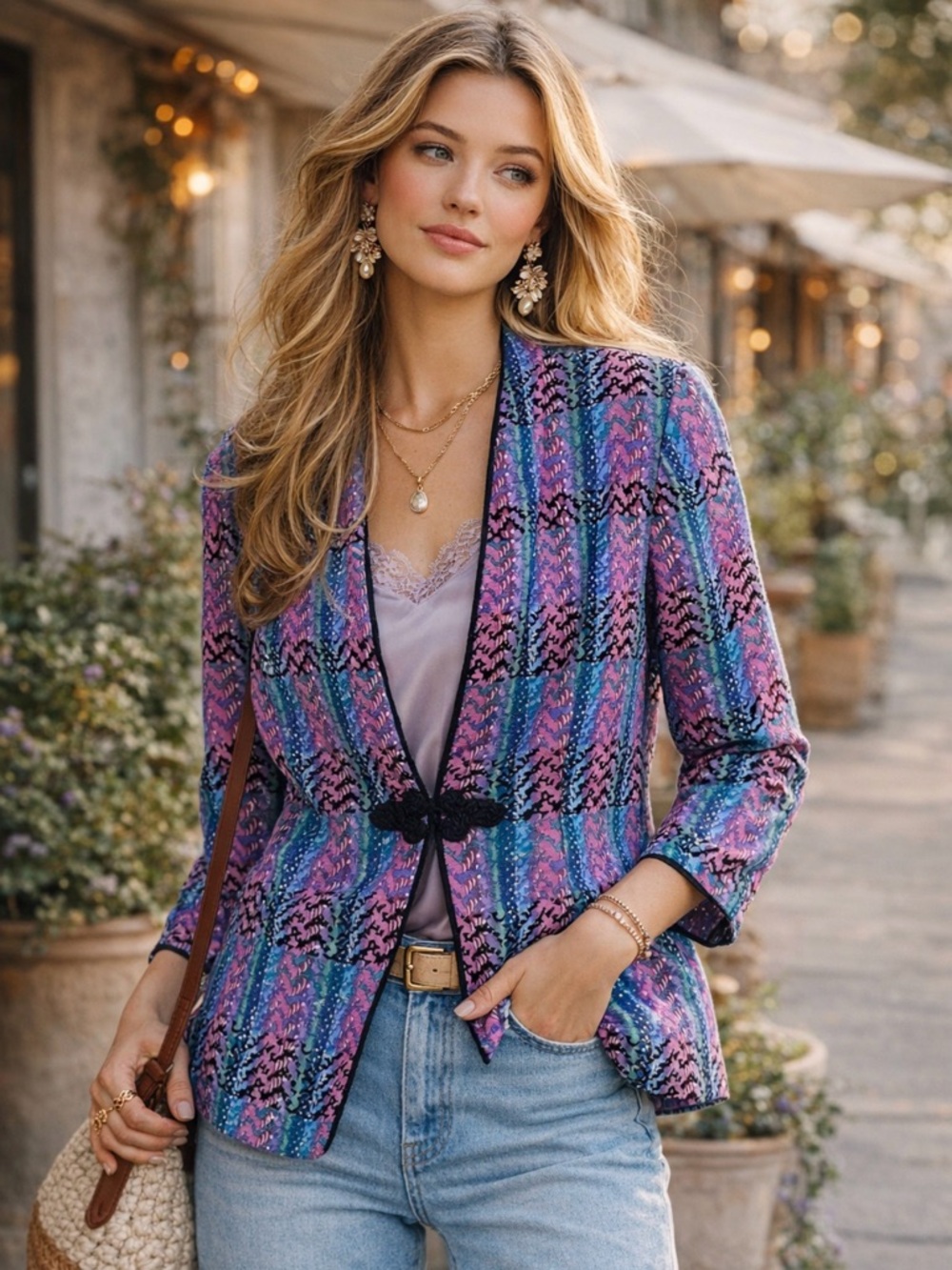 Vintage Adrianna Papell Silk Vibrant Multicolor Workwear Jacket Blazer Size 8